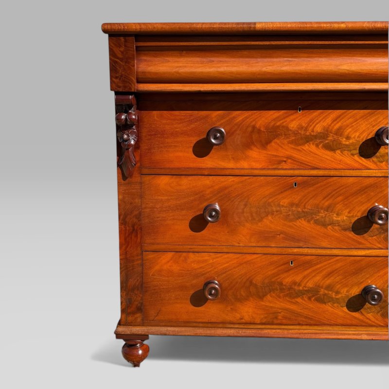 Antique Scottish Victorian Flame Mahogany Chest of Drawers with Wooden Handles - Image 11